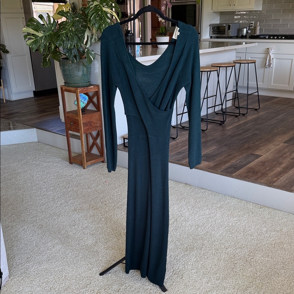 Long Sleeve Teal Wrap Midi Dress - Brand